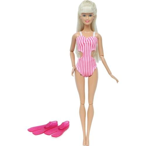 Handmade One-piece Bikini Summer Party Wear Pink Stripe Swimsuit + Shiny Flat Diving Shoes Clothes for Barbie Doll Accessories