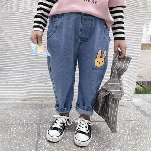Fashion Autumn Spring Children Ripped Jeans Girls Denim Pants Kids Clothes Casual Style Elasticated Loose Comfortable Pants