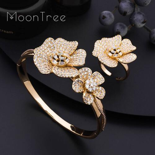 MoonTree Luxury Daisy Flower Super Full Micro Paved Cubic Zircon Bangle Ring Set Nigerian Jewelry Set For Women