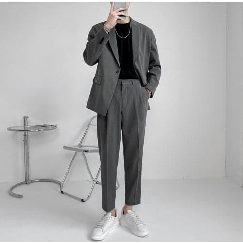 2021 Spring Men New Suit Loose 2-Piece Suit Blazer Business Casual Suit Blazer Mens Long Sleeve Thin Striped Jackets Sets W457