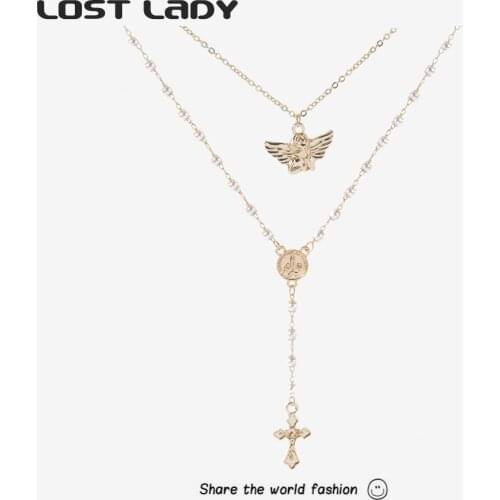 Lost Lady Trendy Angel Crosses Pendants Necklaces Multilayer Fashion Punk Necklace for Women Man Unisex Jewelry On The Neck