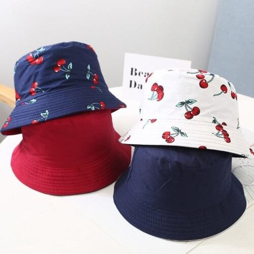 Cute fruit Cherry printed double sided Bucket Hat Fisherman Hat outdoor travel hat Sun Cap Hats for Children boys and girls 01