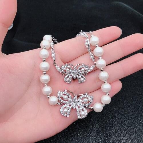 QTT New Wedding Natural Pearl Bracelet For Bridal Ladies Aesthetic Butterfly Cubic Zirconia Bangles Anniversary Gift Jewelry
