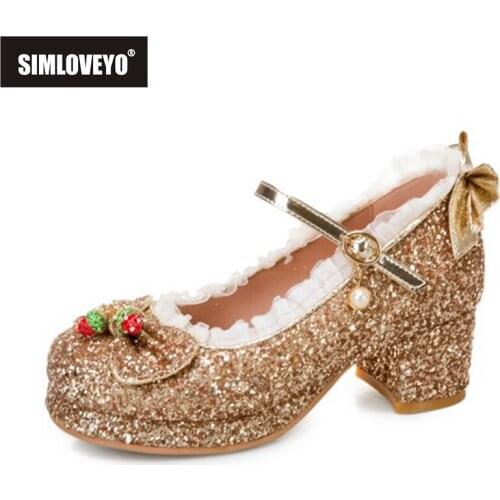 SIMLOVEYO 2021 New Bowtie Pumps Glitter Round Toe Shiny Mary Janes Platforms Buckle Strap 5cm Chunky Heel US14 Silver Pink A4211