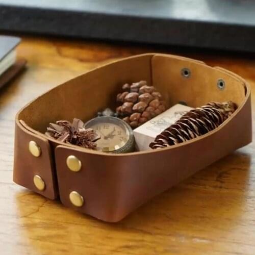 Genuine Leather Folding Tray Jewelry Cosmetic Storage Box Keys Coins Desktop Watches Wallet Sundries Container Decor Box Gifts