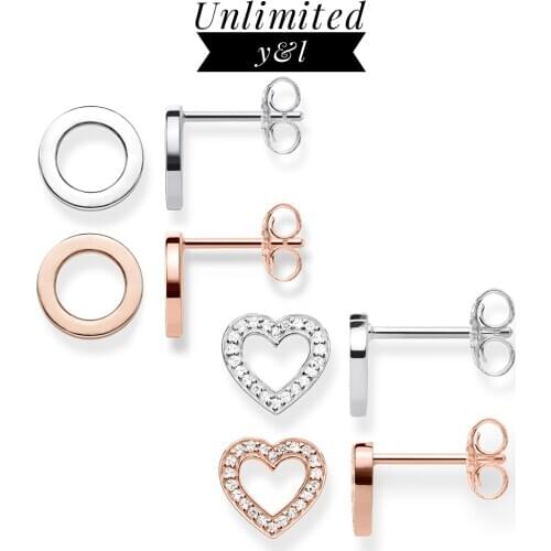 Round Circle Heart Stud Earring for Women Thomas Style High Quality White Zircon 925 Sterling Silve/ Rose Gold Ear Stud Jewelry