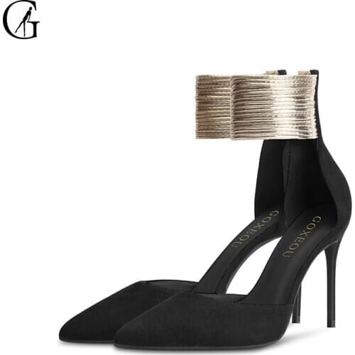 GOXEOU Womens Pumps Flock D'Orsay Ankle Strap Pointed Toe Zipper High Heels Party Ball Fashion Office Lady Sandals Size 32-46