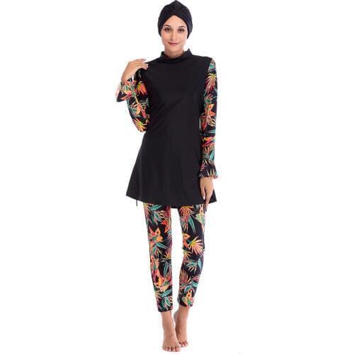 2019 Muslim Swimwear Women Modest Patchwork Hijab Long Sleeves Sport Swimsuit Islamic muslimah Burkinis Wear Bathing Suit
