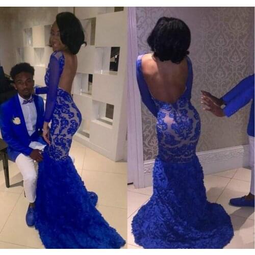 Royal Blue Lace Prom Mermaid Bateau Long Formal Pageant Holidays Wear Graduation Evening Party Gown robe de soirée de mariage