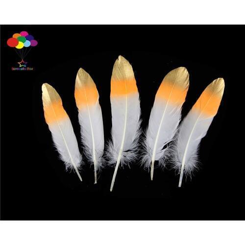 100pcs 100% natural premium goose feather 15-20cm/6-8inch white orange tail gold tip beautiful for Diy costume mask headdress