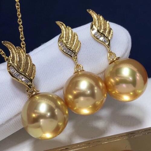 1028 Fine Jewelry 18K Gold Natural Ocean Golden Pearl 10-12mm Females Jewelry Sets for Women FIne Jewelry Sets