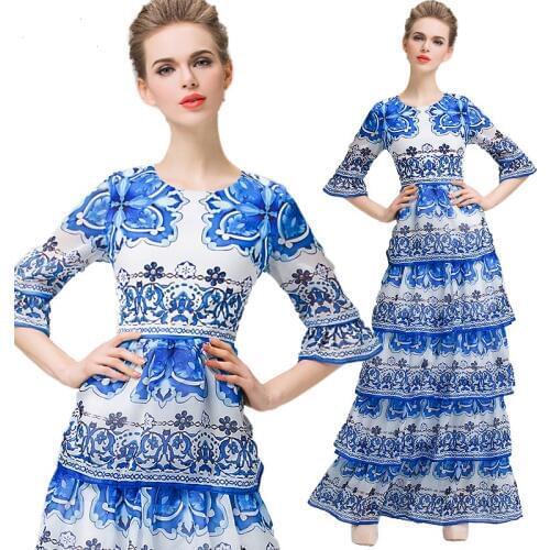 15052 European Women Dress Catwalk blue and White Porcelain Printed Dress Slim Layered Puff Dress
