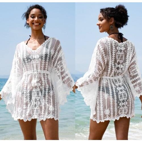 2021 Sexy See Through Mini Dress White Lace Tunic Beach Style Women Summer Batwing Sleeve Beach Wear Dresses N1309