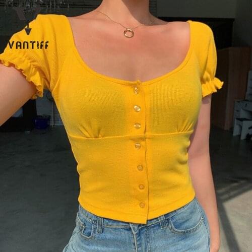 Bodycon Crop Tops Gothic Harajuku Solid-colored Slim T-shirt Feminine Square Collar Threaded Wood Ear-length Short-sleeved Woman