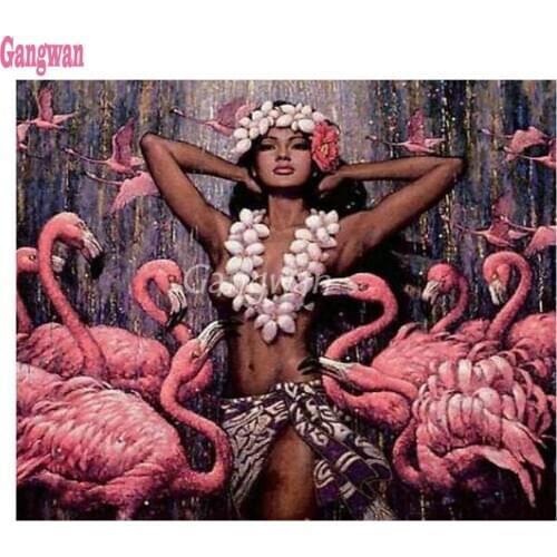 Diy Diamond cross stitch woman flamingo full Round Square Drill embroidery rhinestone painting beauty birds home decoration art