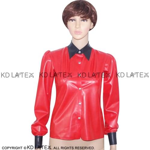 Red With Black Sexy Latex Blouse Buttons At Front Puff Sleeves Rubber Shirt YF-0022