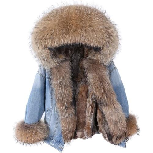 Maomaokong denim Jacket Parka Winter Women Parkas Real Fur collar Coat Natural Raccoon Fur Hood Real Rabbit Fur Liner Luxury