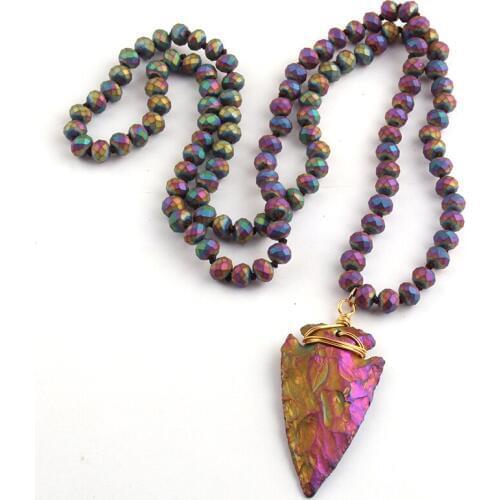 Fashion Frosted Crystal knotted 5X8 Glass Crystal and Natural Stone Arrowhead Pendant Necklaces Women Lariat Necklaces