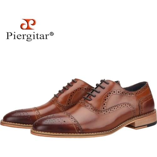 Piergitar High Quality Men Oxfords Shoes Brown Brogue Shoe Handmade Genuine Leather Mens Dress Shoes Lace-Up Plus Size