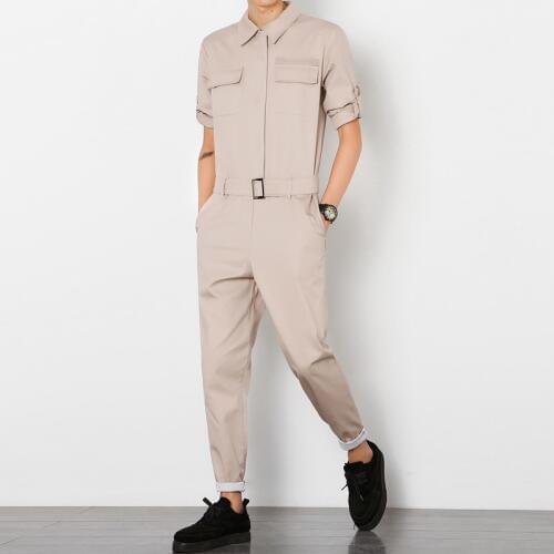 M-5XL!!!Male tooling jumpsuit fashion buckle casual skinny pants set male slim bodysuit trousers