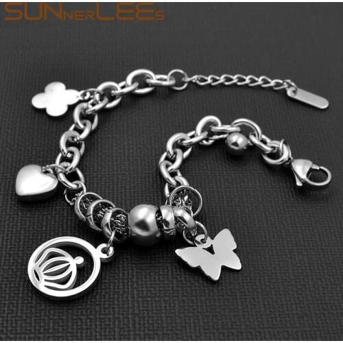 SUNNERLEES Fashion Jewelry Stainless Steel Link Chain DIY Heart Crown Beads Charm Bracelet For Mens Womens SSB27