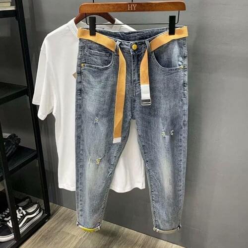 Light gray stretch denim jeans mens 2021 spring summer new micro-harem pants Korean Hong Kong style embroidered long pants