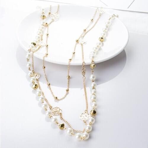 Ethnic Style Light Yellow Gold Color Multi Layer Imitation Pearl Pendant Link Chain Necklace Alloy Flower Jewelry