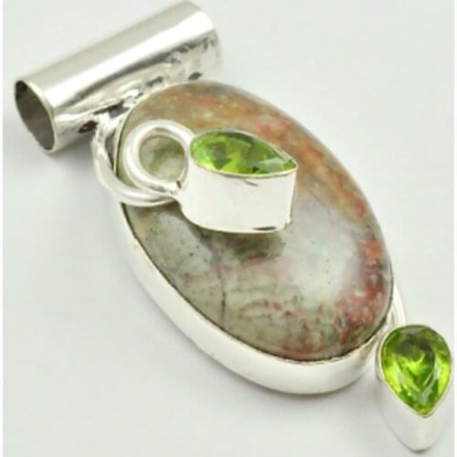 Leopardskin Jaspers & Peridots Pendant Silver Overlay over Copper , 48 mm, P3355