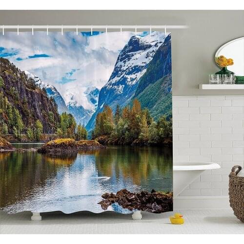 Nature Shower Curtain Norway Mountain Range with Snowy Peaks by The Lake Fishing Nordic Northern Landscape Bath Curtains