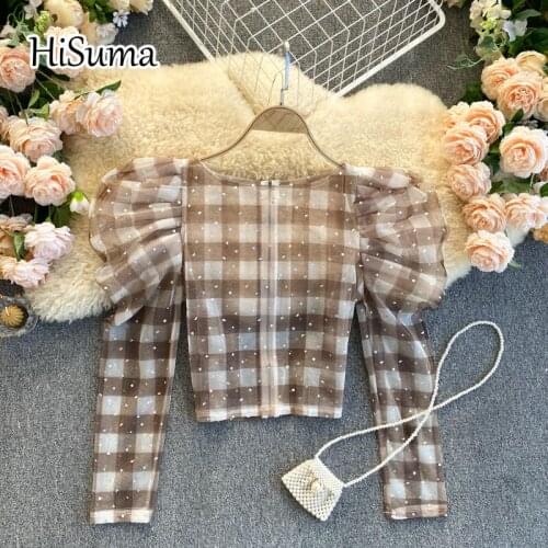 2021 spring new female plaid sequins bling o-neck puff sleeve gauze shirts women elegant mesh short blouses sweet chic shirt