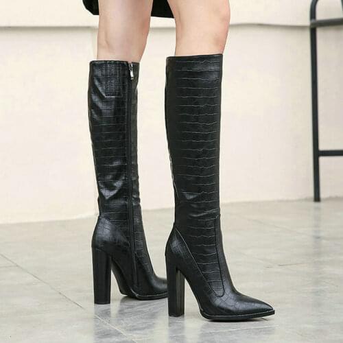 Black White Women Knee High Boots Faux Leather Pointed Toe Women Square High Heel Boots High Quality Fall Winter Womans Shoes