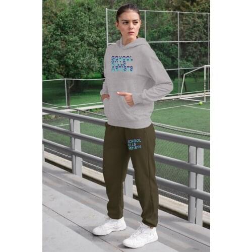 Angemiel Wear School Lion Women Tracksuit Set Gray Hooded Sweatshirt Green Sweatpants