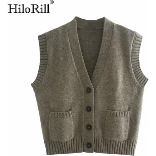 HiloRill Women Knitted Sweater Vest Cardigan Autumn 2021 Sleeveless Solid Casual Sweaters Tops Loose V Neck Pockets Waistcoat