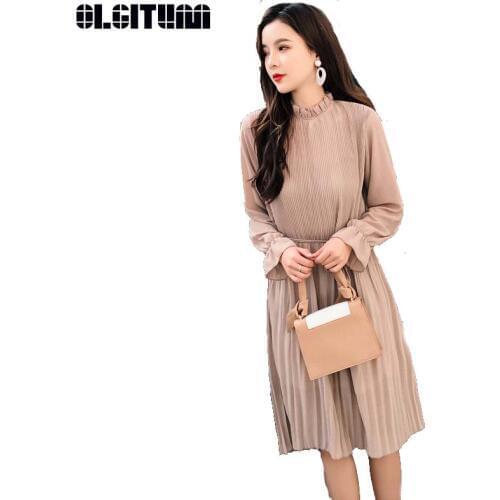 New 2020 Spring Women Retro Long Paragraph Loose Large Size Long Sleeve Stand Collar Solid Chiffon Pleated Dress DR857