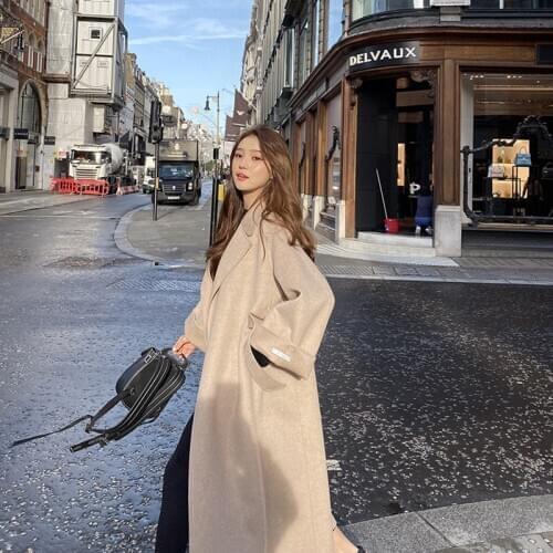 Winter 2020 Korean High End Handmade Double Sided Lacing Belt Loose Plus Size Women 100% Wool X-Long Coat Woolen Jacket Overcoat