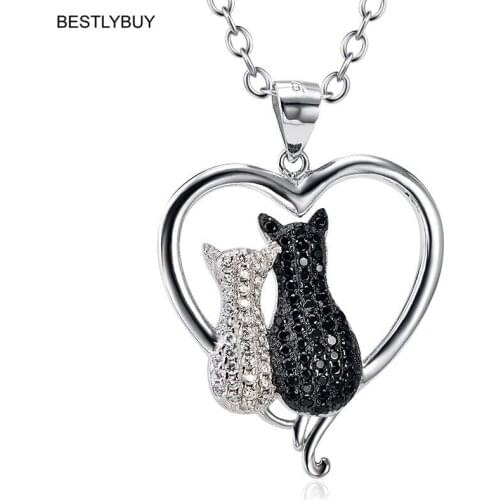 BESTLYBUY Genuine 925 Sterling Silver Heart Necklace White Black Cubic Zirconia Two Cat Necklaces Valentines Gift For Women