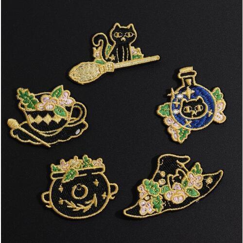 Golden Coffee Cup Hat Cat Embroidered Golden Patches Applique Iron On Clothing Badges for Clothes Sweater Bags DIY Patch Decor