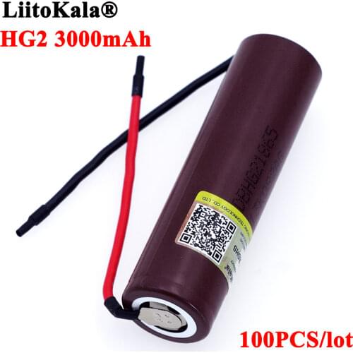100PCS Liitokala HG2 18650 3000mAh Rechargeable battery 18650HG2 3.6V discharge 20A, dedicated batteries+DIY Silica gel Cable