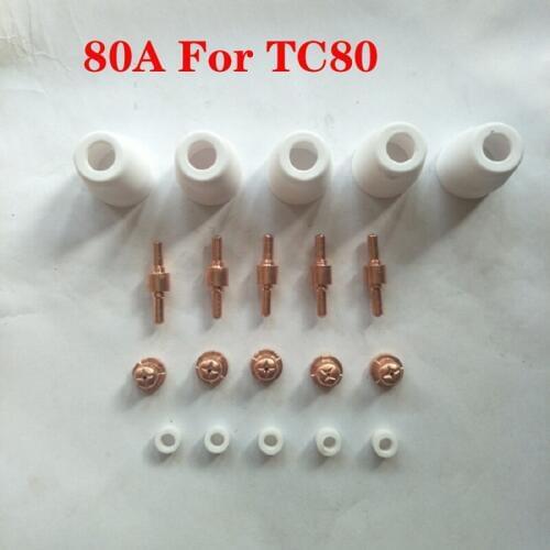 20 pc Inverter DC Plasma Cutter Accessories/Consumables 80A TC80 Cutting Gun/Torch Electrodes Tips Gas Ring and Shiled Cups