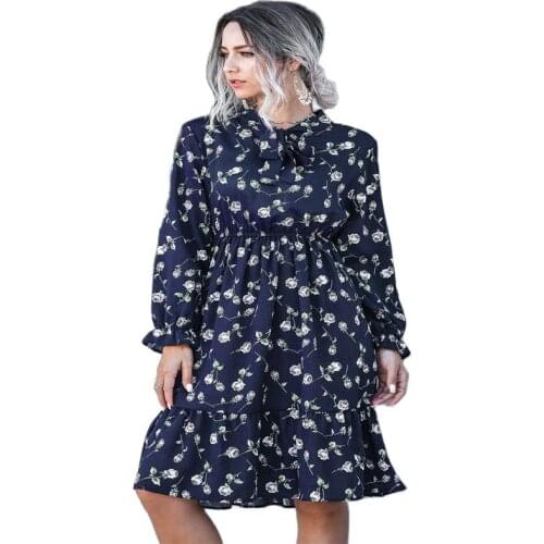 2021 European And American Fashion New Hot-Selling Womens Autumn New Bow Tie Collar Trumpet Sleeve Floral Dress