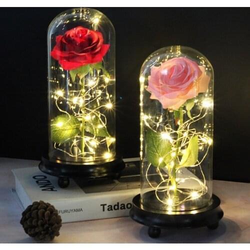 2021 NEW Artificial Eternal Rose LED Light Beauty The Beast Rose In Glass Cover Christmas Home Decor For Mother Valentines Day