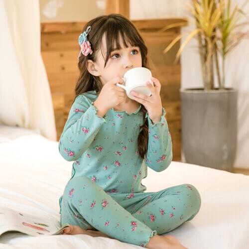 Children Floral Print Thermal Underwear Lovely Girls Long Sleeve Pajamas Kids Sleelwear Suit Soft Cotton Home Clothes Nighty