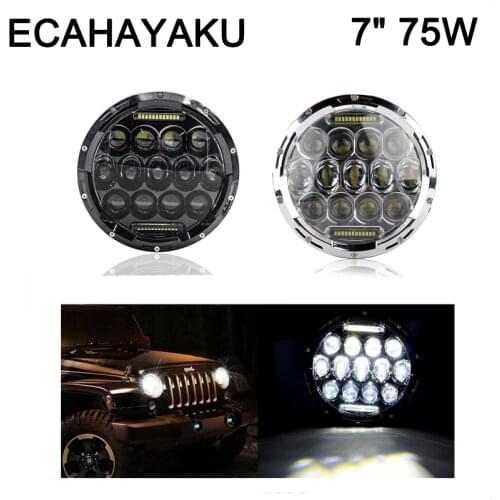 1Pair Round 7inch LED Headlight 75w Hi/Lo with Angel Eyes DRL Black Silver LED Headlight for Wrangler JK TJ H2 Patrol Y60 Motors