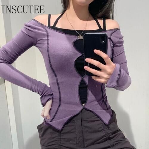 Inscutee New Fashion Sexy Purple T-shirt Women Retro Grunge Mall Goth Streetwear Long Sleeve Hollow Out Harajuku Crop Tee Tops