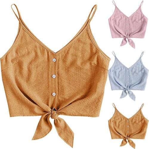 Sexy Crop Top Women Bow Sashes V Neck Crop Top Summer Sleeveless Cropped Backless Cropped Feminino Tank Top Cotton Linen Tops