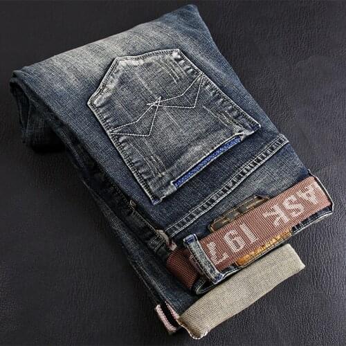 Street Style Fashion Men Jeans High Quality Elastic Slim Fit Retro Blue Ripped Jeans Men Printed Designer Hip Hop Denim Pants