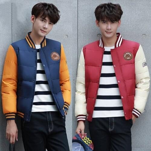 Youth Handsome Baseball Collar Down Jacket Autumn Winter Fashion Color Block Warm Puffer Jackets Male Slim White Duck Down Coats