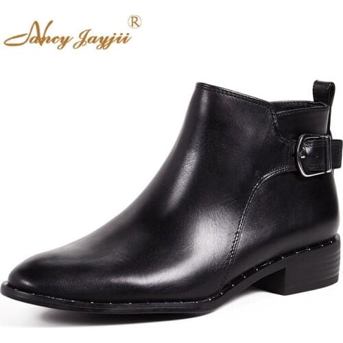 Ankle Boots Black Rivets Winter Ladies Round Toe Square Heel Work Short Plush Solid Buckle Strap Shoes Woman Fashion 2019
