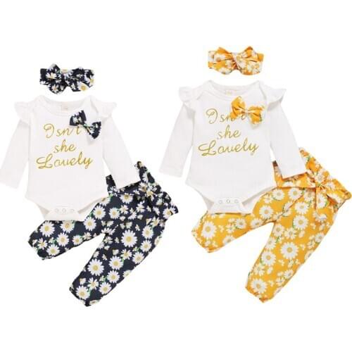 New Spring Autumn Clothes Baby Girl Outfits Letter Printed Bow Long Sleeve Romper Tops Floral Printed Pants Headband 3Pcs/Set