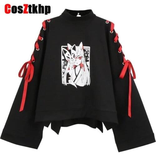 New Autumn Winter Summer Women Clothing Anime Fox Printed Cross Ribbon Lolita Girls' T Shirt Harajuku Spring Black Top Skirt